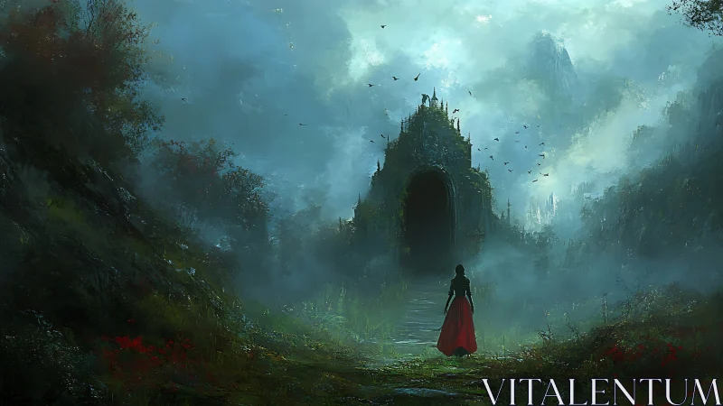 Mysterious misty gateway welcomes a lone, curious traveler