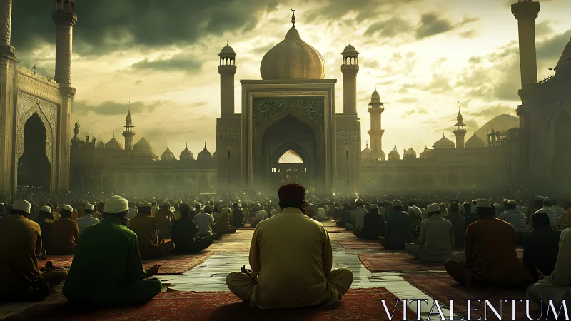 Golden mosque courtyard filled with peaceful sunrise prayer.
