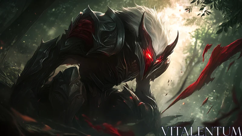 Armored creature with red eyes in dense forest setting.