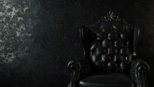 Velvet shadows cradle a regal black leather armchair softly