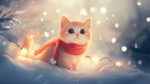Stylized white feline figure with red scarf positioned in snow environment.
