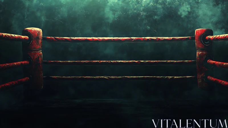 Boxing ring with red rope and metal fixtures against atmospheric backdrop