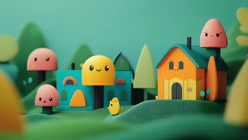Playful pastel village with kawaii houses and mushroom forms.