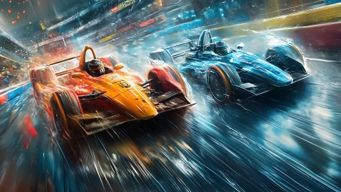 Electric race cars slice through neon rain in fierce duel.