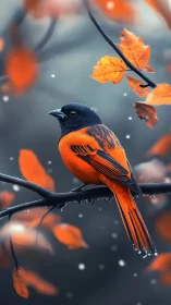 Vivid orange songbird on wet branch amid soft-focus bokeh.