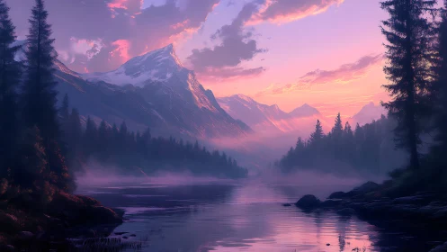 Mist-draped alpine peaks over tranquil violet lake at dusk.