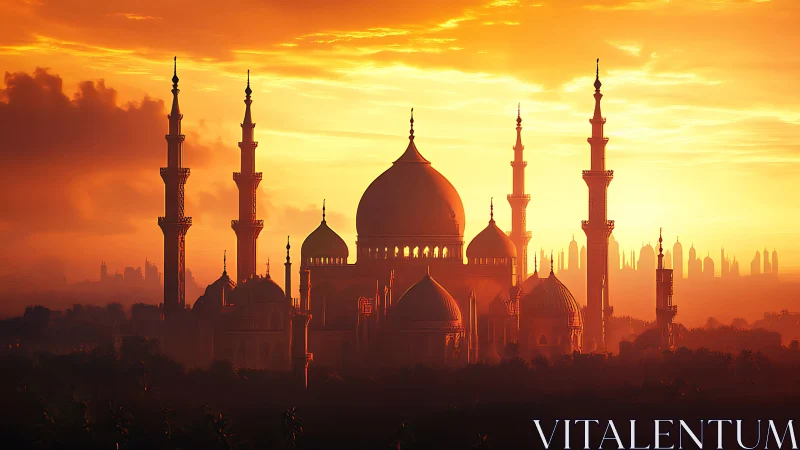 Golden sunset over grand mosque skyline with tall minarets.
