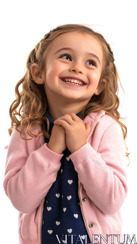 Joy Radiates Through Golden Curls and Pink Cardigan Delight