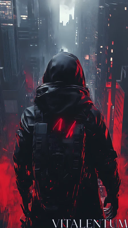 Hooded figure stands over futuristic city in red haze