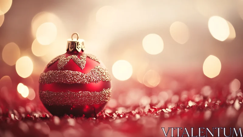 Macro view of red glittered Christmas bauble with bokeh lights