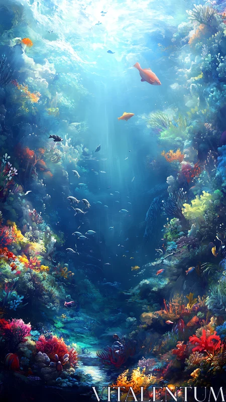 Sunlit coral canyon reveals vibrant tropical reef life