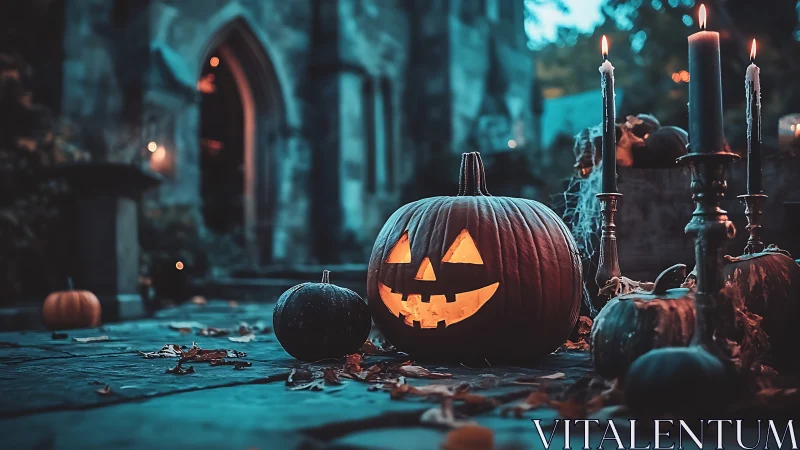 Glowing jack-o’-lantern illuminates gothic church courtyard at dusk