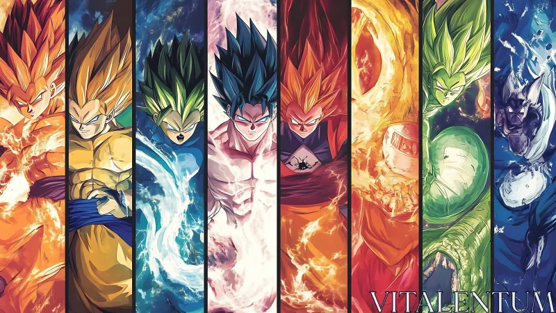 Vertical montage depicts stylized energy figures in panels