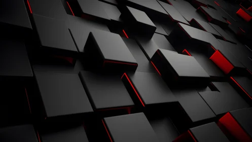 Black geometric cubes with red highlights in modern abstract style.