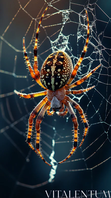 Macro spider portrait on dewy web with dramatic backlight.