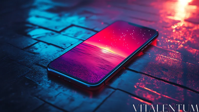 Neon night reflections with a dreamy ocean phone screen.