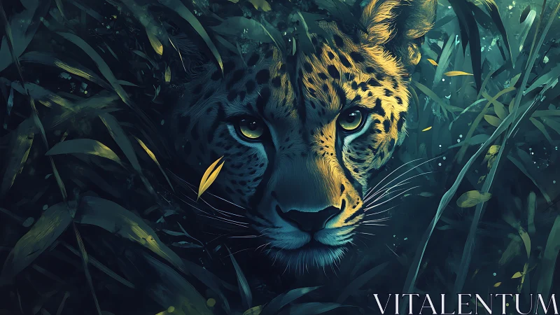 Luminous Predator: Digital Feline Portrait with Verdant Enclosure.