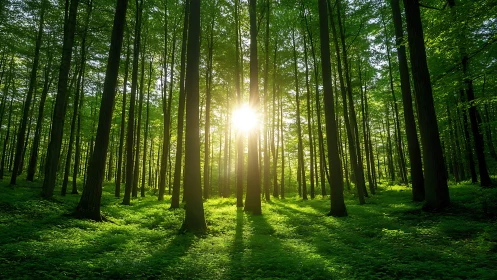 Sunlight Shining Through Lush Green Forest in Morning Light.