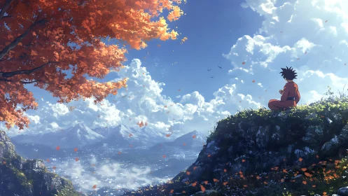 Autumn hillside panorama frames meditating figure under volumetric clouds