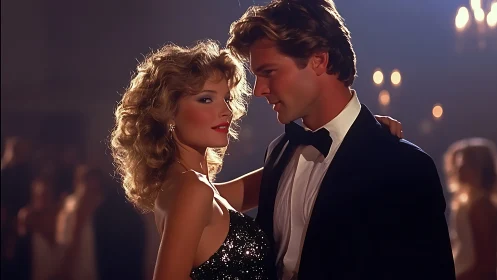 Formal evening waltz depicts elegantly dressed couple within theatrical ballroom cinematography