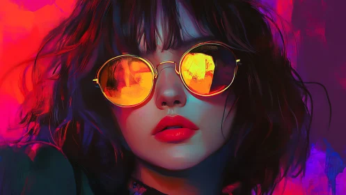 Neon-lit woman in reflective sunglasses stares forward