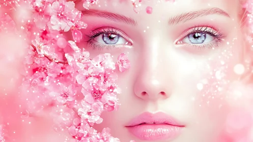 Female face framed by dense pink cherry blossoms.