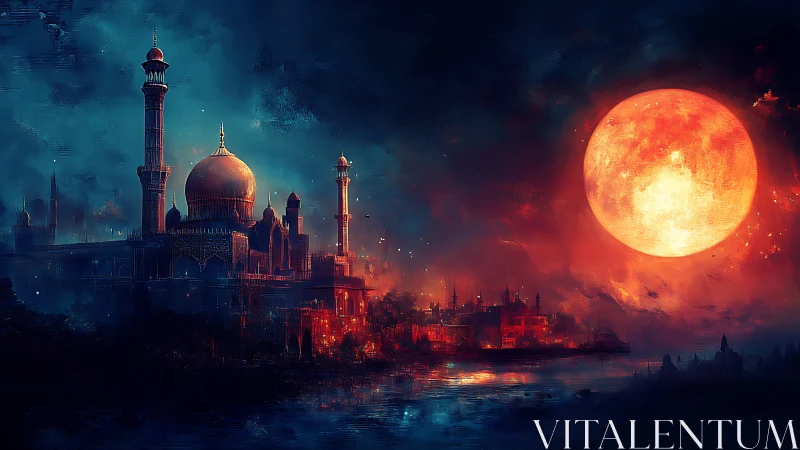 Crimson supermoon above mystical riverside citadel.