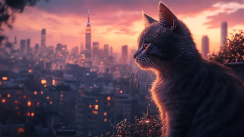 A Black Cat Gazes Across the Glowing City Below