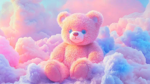 Pink fluffy teddy bear sitting in pastel colored clouds.