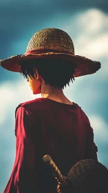 Straw hat character in red shirt against bright sky.