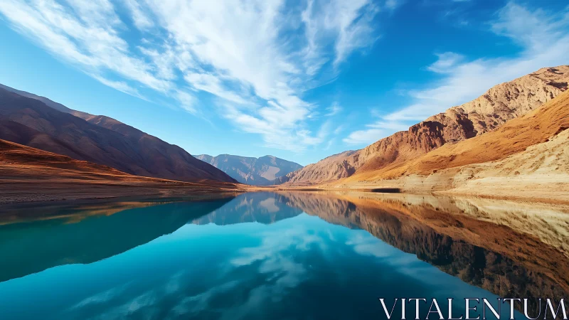 Mountain desert lake with mirror reflections under blue sky.