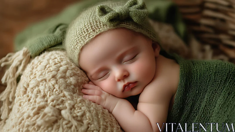 Sleeping infant with knitted accessories on neutral fabric.