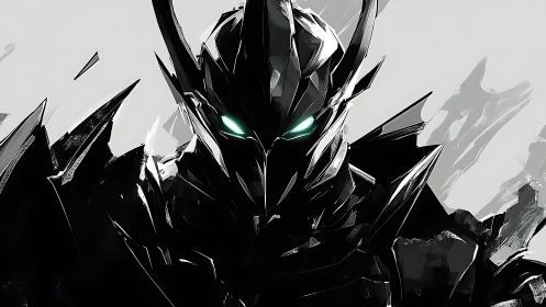 Digital painting of angular cyber knight with neon core.