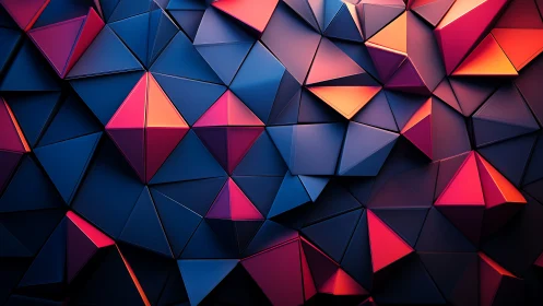 Geometric low poly prism wall in neon magenta and blue tones.