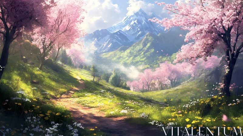 Spring valley path under snow-capped alpine mountains.