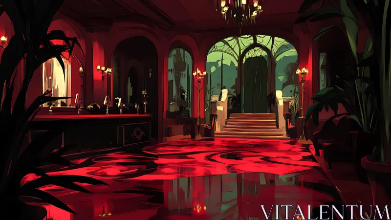 Opulent red hotel lobby with reflective patterned floor.