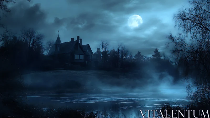 Lunar-lit gothic manor above mist-laden reflective lakefront.