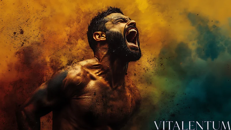 Shirtless man shouting amid dense orange and teal dust clouds.
