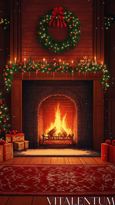 Cozy holiday hearth glowing with candlelight and garlands.
