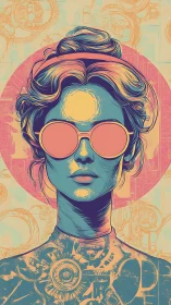 Retro-cyber portrait with neon palette and circular halo.