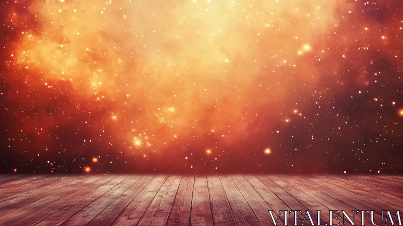 Wooden stage foreground aligned with deep orange nebula field