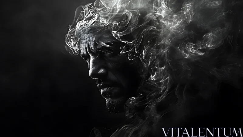 Swirling silver smoke gently unveils a thoughtful human face