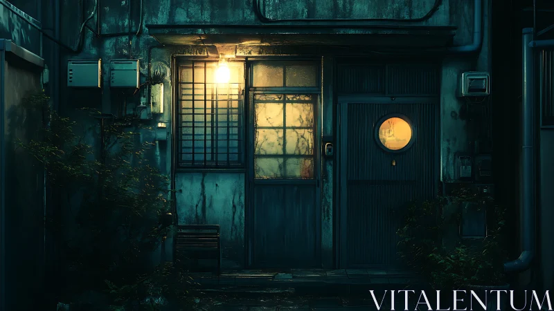 Dimly lit alley doorway glows with warm urban mystery.