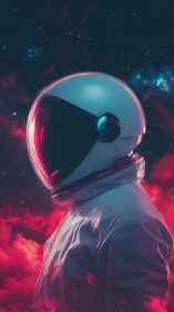 Solitary astronaut amid neon magenta cosmic clouds at night.