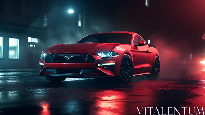 Crimson sports coupe under neon mist on wet night street.