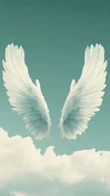 Suspended white angel wings above stylized cumulus cloudscape