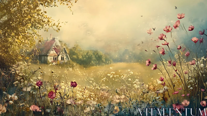 Cottage at dawn wrapped in whispering wildflower daydreams.
