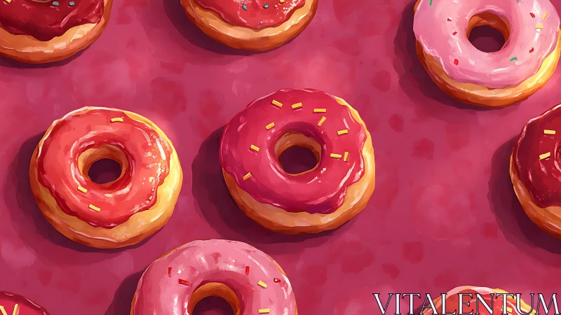 Rendered doughnuts with glazed frosting on hot magenta background demonstrating volumetric lighting.