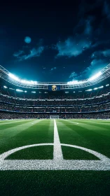 Illuminated football stadium pitch under dramatic night sky.
