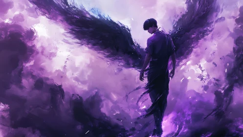 Solitary winged figure amid dense violet cloudscape.